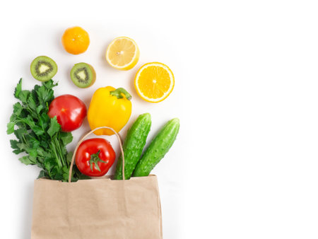 Various vegetables and fruits in the bag on a white background, top view, laid out in a circle. The...