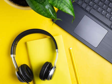 Online education or training concept, work online, top view. Work at home. Telecommuting. Laptop, books on a yellow background. Copy spaceの写真素材