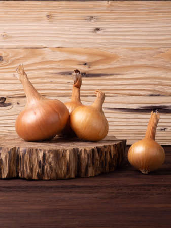 Raw onions on the tableの写真素材