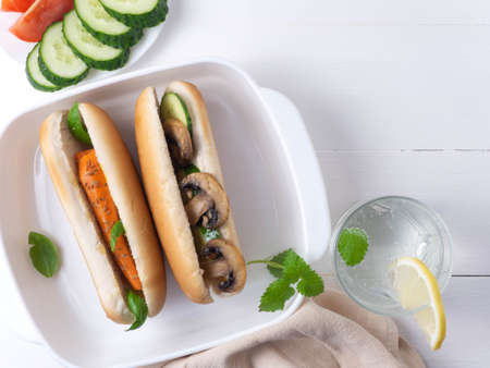 Summer picnic, vegetarian hot dogs. Healthy eating.の写真素材