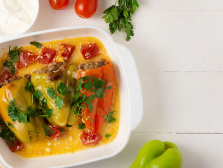 Baked peppers stuffed with buckwheat and mushrooms.の写真素材