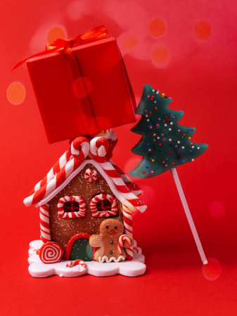 Gingerbread house, red clock, gift, lollipop, candy on a red background.の写真素材