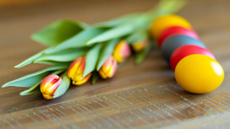 Easter greeting card with eggs and tulipsの写真素材