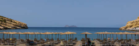 Umbrellas on the sea beach of the Greek resortの写真素材