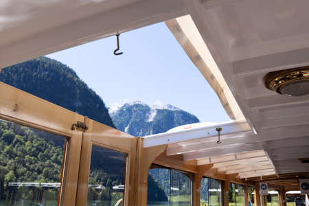 Mountain landscape from a small river boatの写真素材