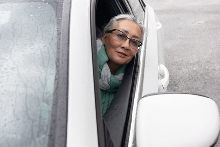 A gray-haired lady looks out of a car window and smiles at the camera