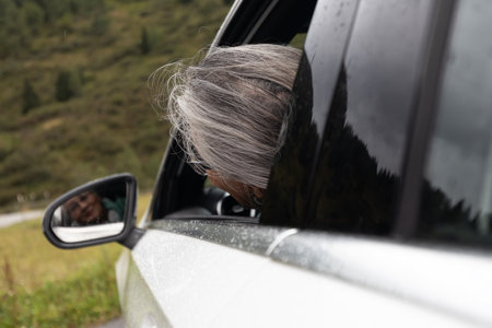 A gray-haired lady sits behind the wheel of a passenger car with an open window and smiles in the side mirrorの写真素材