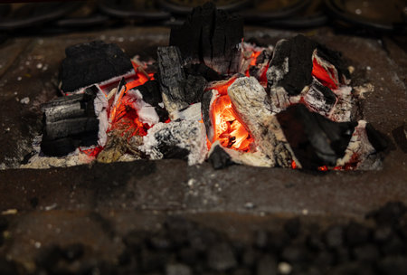 Picturesque burning bright coals smolder in a metal standの写真素材