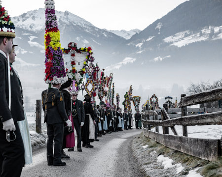 AUSTRIA, GASTEIN - January 1, 2023: building a perchten on a country road in the Austrian Gastein Valleyのeditorial素材