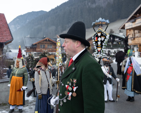 AUSTRIA, GASTEIN - January 1, 2023: Speech by the commander in the procession of Perchts in the Austrian Gastein Valleyのeditorial素材