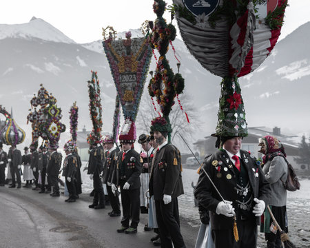 AUSTRIA, GASTEIN - January 1, 2023: Perchten on a country road in the Austrian Gastein Valleyのeditorial素材