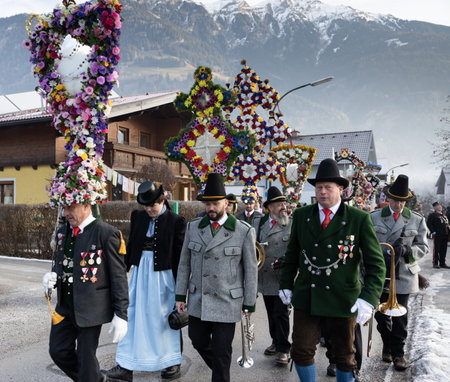 AUSTRIA, GASTEIN - January 1, 2023: Column with the commander in the Perchtenlauf processionのeditorial素材