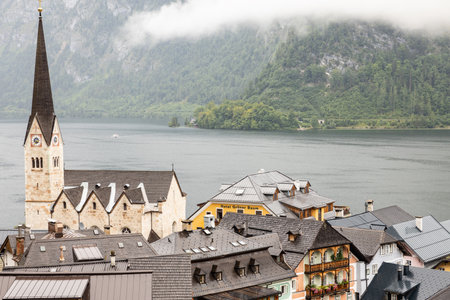 AUSTRIA, HALLSTATT - July 21, 2023: old town on the lakeのeditorial素材