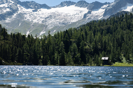 The undulating surface of mountain lake with coastal coniferous forest and mountains with snow cover, Austria, Reed Seeの写真素材