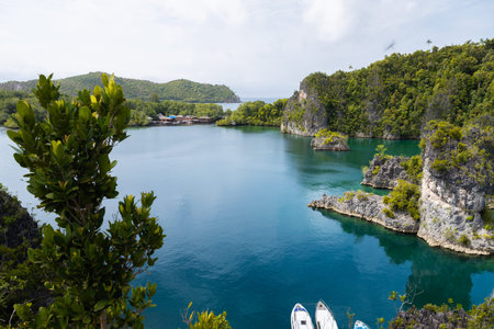 Picturesque lagoon with bright blue water and lush vegetation, Raja Ampat, Papua, Indonesia