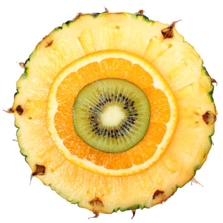 Sliced Fruits isolated  Kiwi, Pineapple, Orange  Macro  Top Viewの写真素材