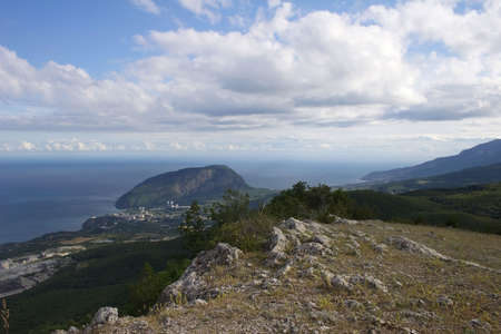 View of Yalta road and Black sea (Crimea, Ukraine) from rock Paragelmen. の写真素材