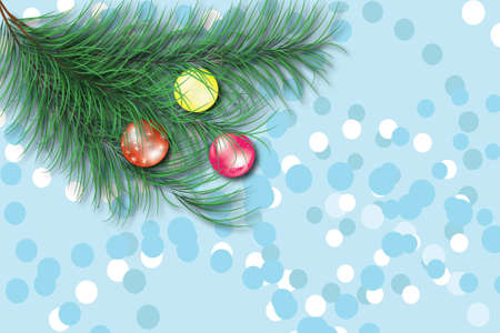 Christmas card. The fur-tree branch decorated by multi-coloured spheres on an abstract background.の写真素材