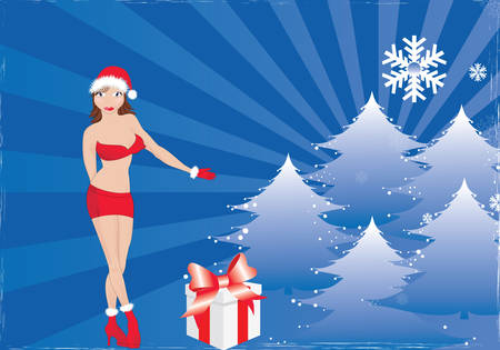 Beauty Santa Girl with a gift in Christmas woodのイラスト素材
