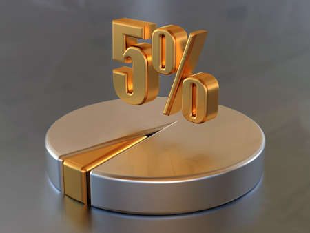 Symbol "5 %" and the circular diagram with a 5 % part of a circle in gold color.の写真素材