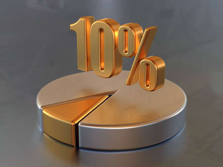 Symbol "10%" and the circular diagram with a 10% part of a circle in gold color.の写真素材