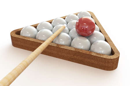 Billiard balls in the triangle and cue. 3d illustration on isolated white background.の写真素材