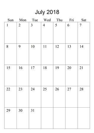 The original calendar for July, 2018. The beginning of the week - Sundayの写真素材