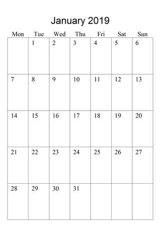 The original calendar for January, 2019. The beginning of week - Mondayの写真素材
