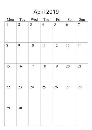 The original calendar for April, 2019. The beginning of week - Mondayの写真素材