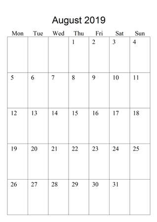 The original calendar for August, 2019. The beginning of week - Mondayの写真素材
