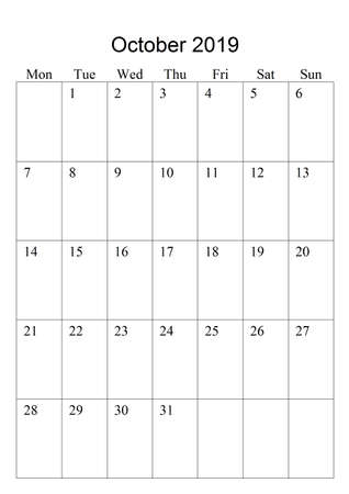 The original calendar for October, 2019. The beginning of week - Mondayの写真素材