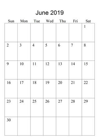 The original calendar for June, 2019. The beginning of the week - Sundayの写真素材