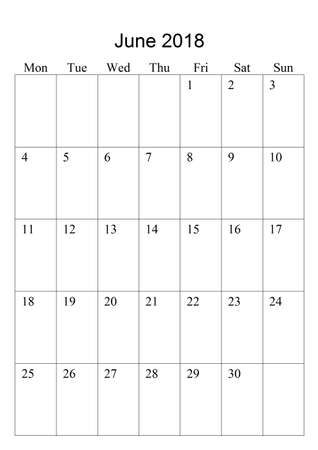 The original calendar for June, 2018. The beginning of week - Mondayの写真素材