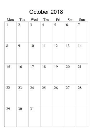 The original calendar for October, 2018. The beginning of week - Mondayの写真素材