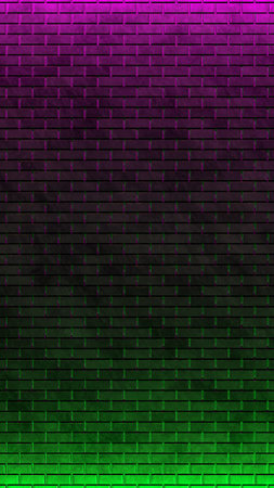 3D render of Vertical Brick wall, background, neon light Purple Greenの写真素材