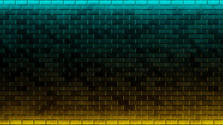 3D render of Brick wall, background, neon light Blue Cyan Orangeの写真素材