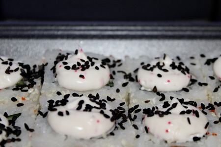 The photo shows Sophisticated rolls of sauce, ginger and sesame, Japanese foodの写真素材