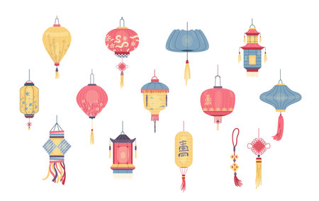Colorful ornate Chinese lanterns vector illustrations set. Asian lanterns of different shapes collection.のイラスト素材
