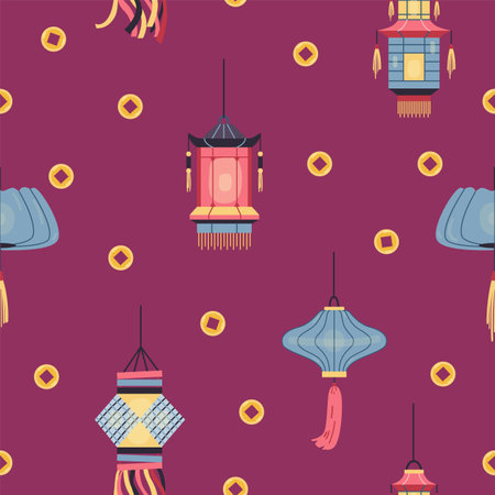 Chinese paper lanterns and golden coins seamless vector pattern.のイラスト素材