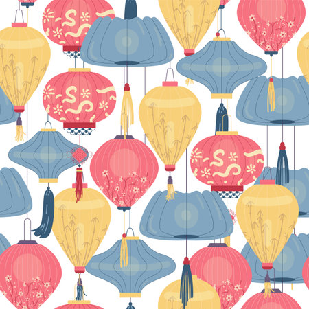 Chinese paper lanterns seamless vector pattern.のイラスト素材