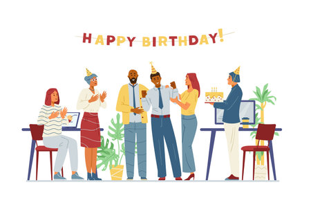 Multiracial business team celebrate colleague's birthday in the office flat vector illustration. Cheerful men and women congratulating coworker, applauding, bringing birthday cake.のイラスト素材