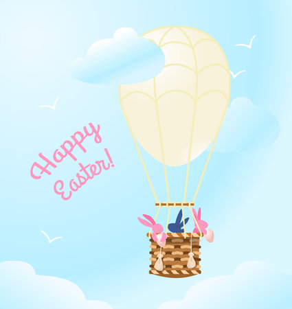 Vector Creative Happy Easter postcard. Easter bunnies traveling in a hot air balloon throwing eggs down.のイラスト素材