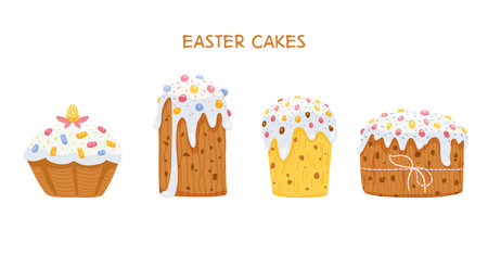 Easter cakes vector illustrations set. Cakes with icing and decorations.のイラスト素材