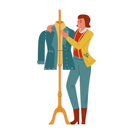 Woman Tailor Or Fashion Designer Near Mannequin Making Jacket. Flat Vector Illustration. Isolated On White.のイラスト素材