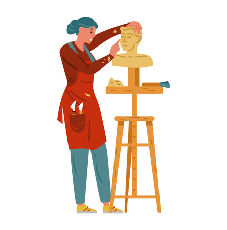Woman Sculptor Making Statue. Artisan Female Character Vector Illustration. Isolated On White.のイラスト素材