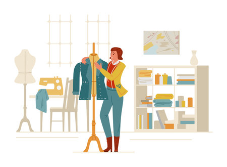 Woman Tailor Or Fashion Designer Near Mannequin In Sewing Studio Interior. Flat Vector Illustration.のイラスト素材