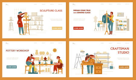 Crafts And Hobbies Set Of Vector Landing Page Templates. Sculpture, Sewing, Pottery, Carpentry.のイラスト素材