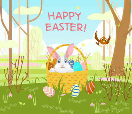 Happy Easter postcard with cute bunny in a wicker basket with Easter eggs and willow branches, spring landscape at the background. cartoon vector illustration.のイラスト素材