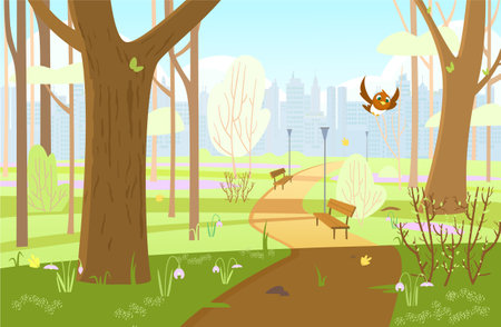 Spring park with trees, bushes, first flowers, foot path, bird flying, benches, city silhouette. spring background. cartoon vector illustration.のイラスト素材