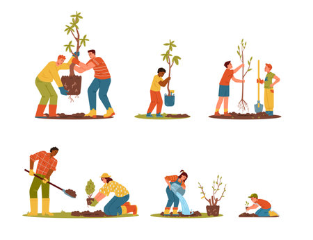 Adults and kids planting trees and bushes vector illustrations set. Different people carrying trees, digging, watering. Gardening with children outdoors.のイラスト素材